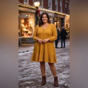 Perfectly Priscilla Mustard Waffle Knit Tiered Babydoll Maxi Dress